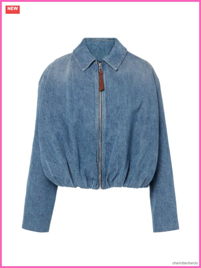 Women's Denim Bomber Jacket With Full Zip, Turn Down Collar, Draped Back Pleats